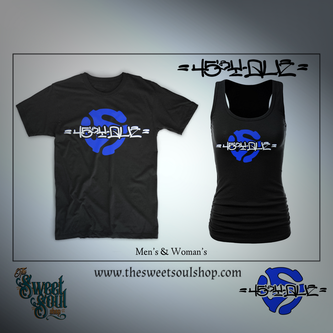 45's y Que Champion T-Shirt in Black/White Blue Adaptor
